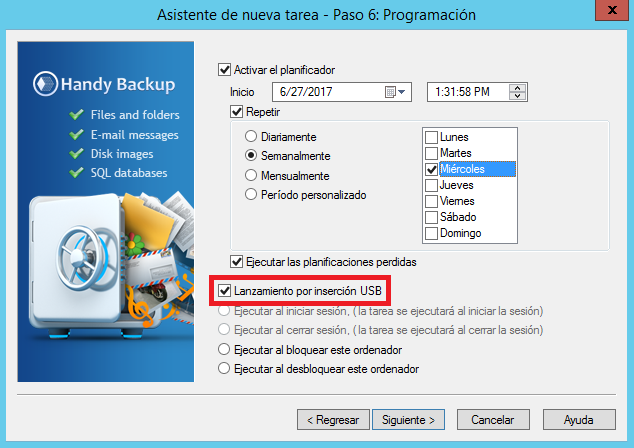 Programación de Tarea de Copia de Seguridad al Conectar un Dispositivo USB Programación de Tarea de Copia de Seguridad al Conectar un Dispositivo USB