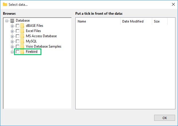 Selección de una base de datos Firebird mediante el complemento ODBC Database de Handy Backup
