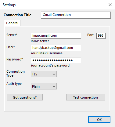 Parámetros de conexión de copia de seguridad de Gmail