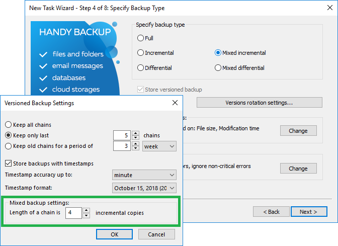 Configuración de la copia de seguridad incremental mixta