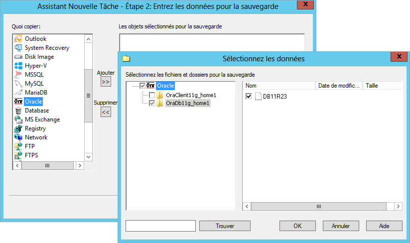 Sauvegarde d'Oracle avec Handy Backup