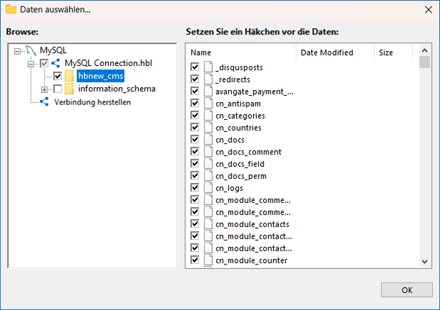 Zu sichernde Datenbank auswählen