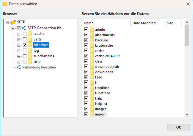 Website-Daten zur Sicherung auswählen