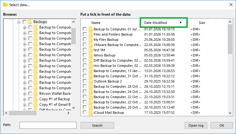Ordenación de archivos durante la selección de datos para backup