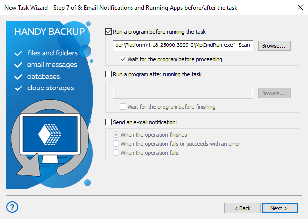 Ejecución de análisis de Microsoft Defender antes del backup en Handy Backup
