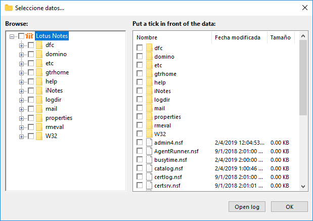 Seleccione las carpetas para la copia de seguridad de Lotus Notes o IBM Domino