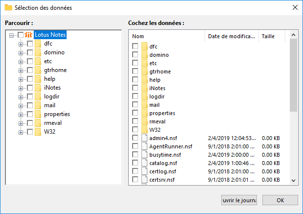 Sélectionner les dossiers pour la sauvegarde Lotus Notes ou IBM Domino