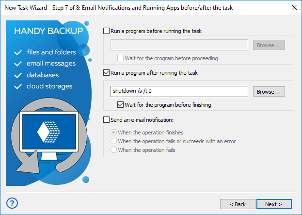 Apagado del equipo después de completar un backup en Handy Backup