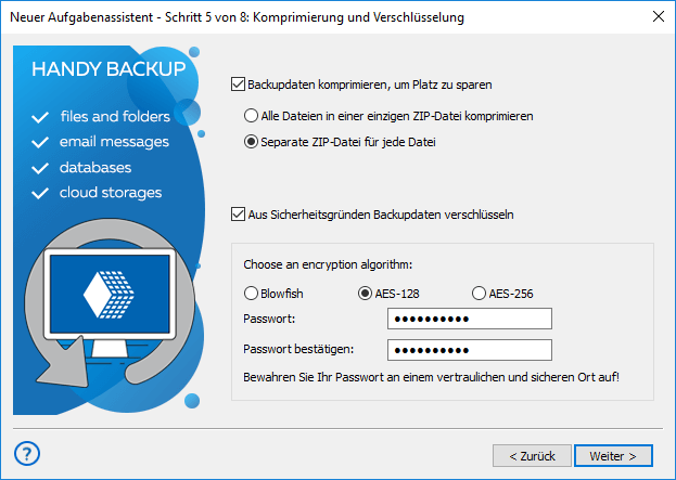 Erweiterte Einstellungen in Handy Backup konfigurieren