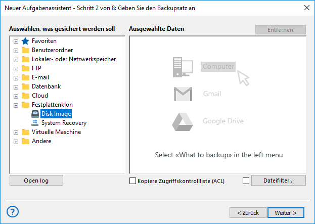 Hinzufügen des Disk-Image-Plug-ins zum Backup-Set