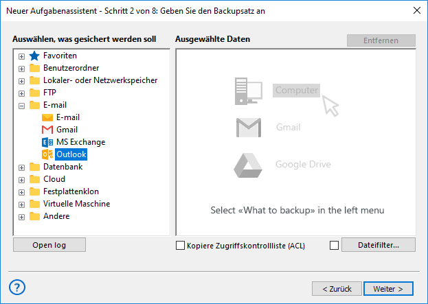 Hinzufügen des Outlook-Plugins zum Backup-Set