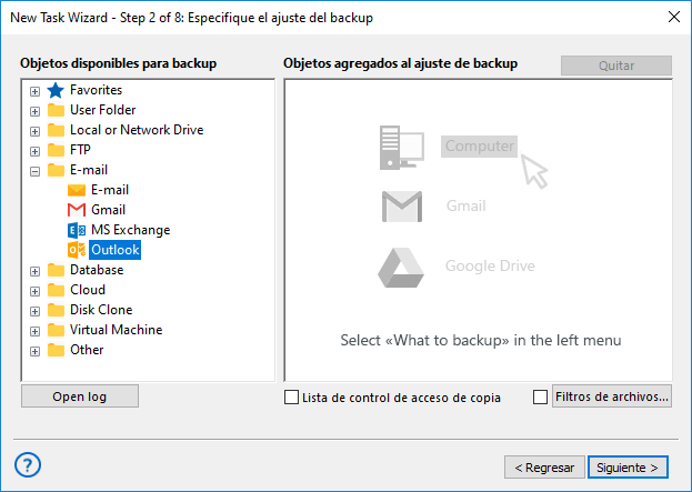 Agregar el complemento de Outlook al conjunto de copia de seguridad