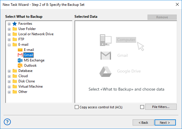 Seleccionar Gmail para backup de datos Seleccionar Gmail para backup de datos