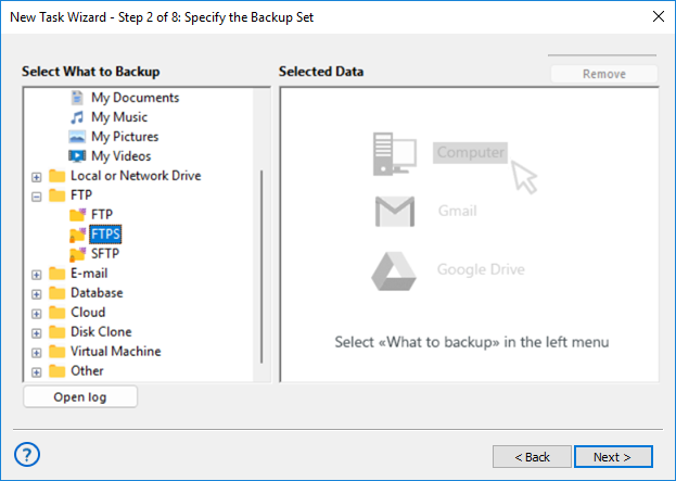 Handy Backup: selección del complemento FTPS