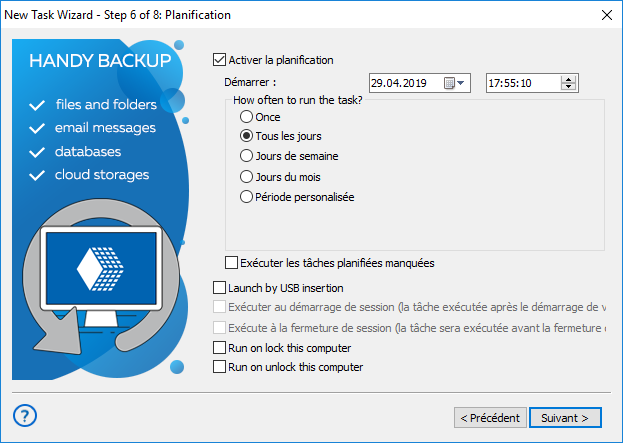 Planifier la sauvegarde automatique avec with Handy Backup