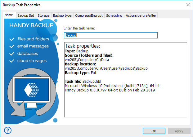 Propiedades de la tarea en Handy Backup