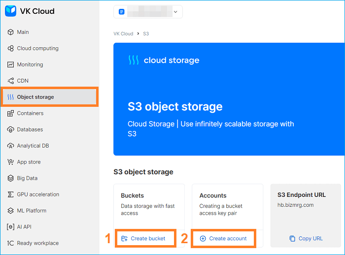 Creación de un bucket y una cuenta en VK Cloud para copia de seguridad de datos mediante Handy Backup
