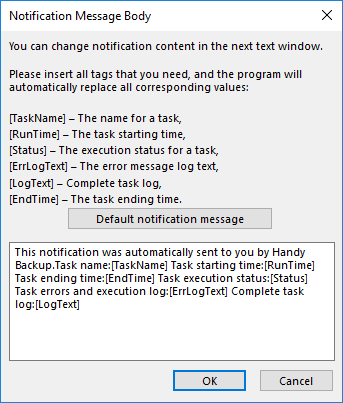 Edición del texto del mensaje de notificación en Handy Backup