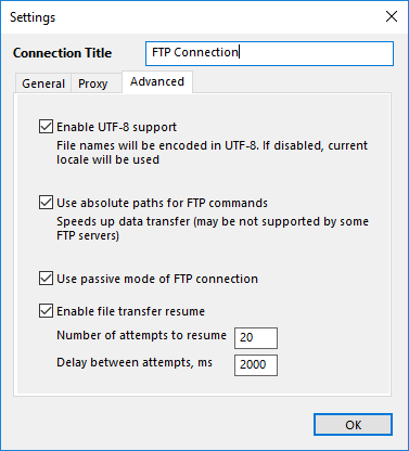 Configuración del complemento FTP: Avanzado