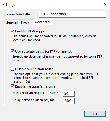 Configuración del complemento FTPS: Avanzado