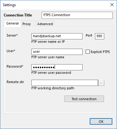 Configuración del complemento FTPS: General