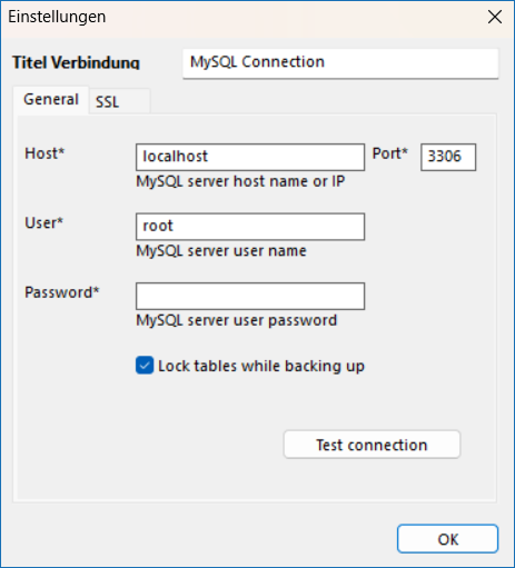MySQL-Konfigurationsfenster in Handy Backup