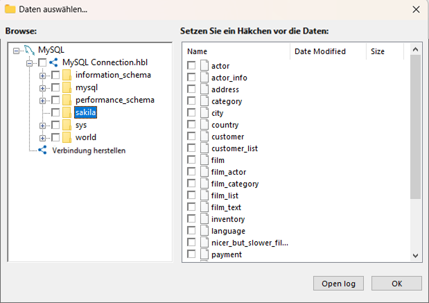 Dateisystem-Baumstruktur des MySQL-Plug-ins mit Datenbanken und Tabellen