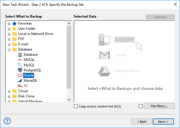 Seleccionar Oracle para copia de seguridad