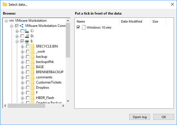 Selección de datos VMware para copia de seguridad