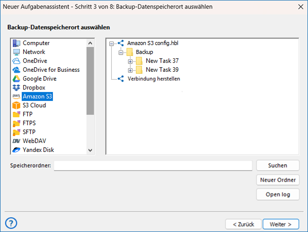 Screenshot zur Auswahl des Backup-Ziels