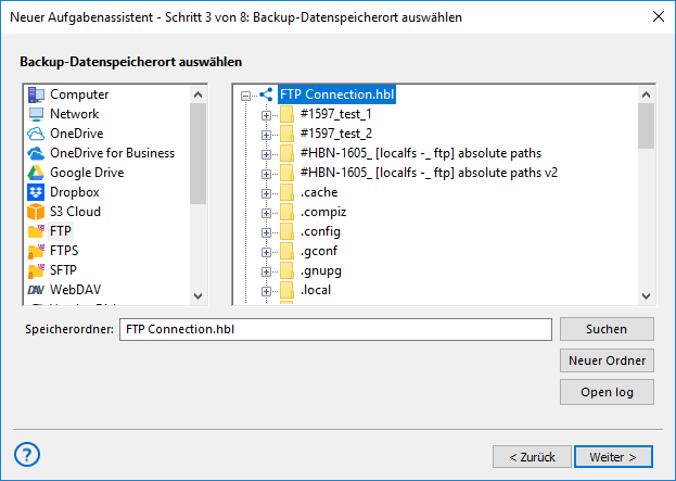 Auswahl des FTP-Plugins als Ziel