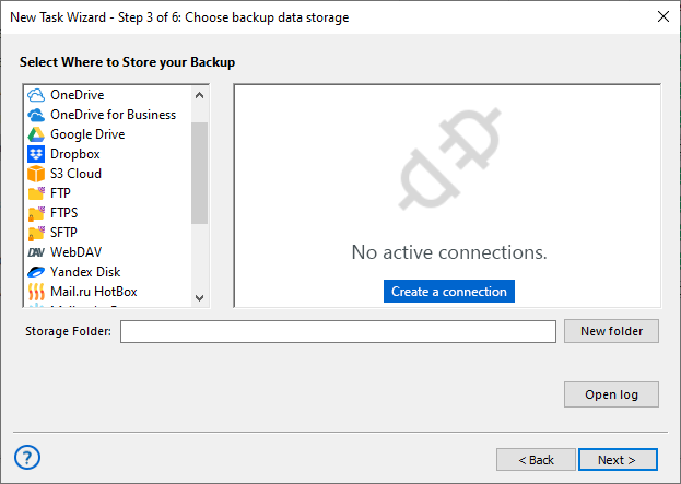 Seleccionar el complemento Online Backup como destino