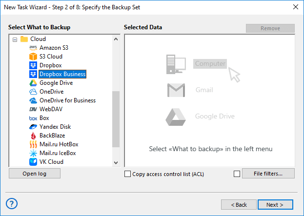 Selección del complemento Dropbox Business para backup