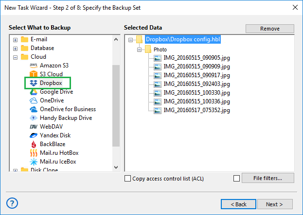 Copia de seguridad del contenido de la cuenta Dropbox