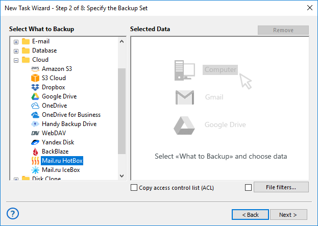 Seleccionar Mail.ru Hotbox para backup de datos