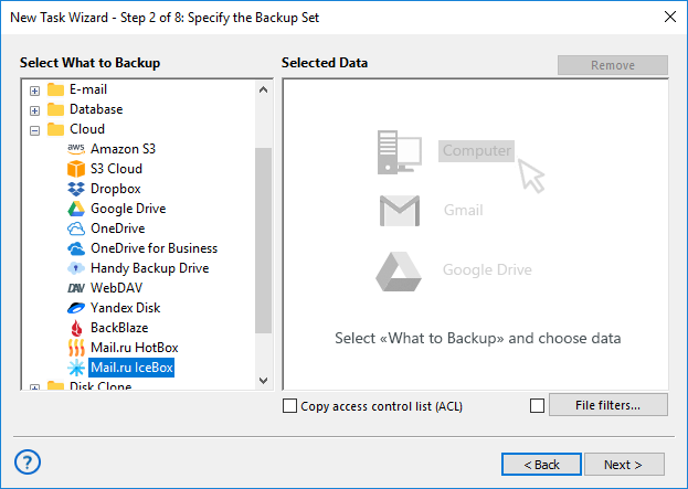 Seleccionar Mail.ru Icebox para backup de datos