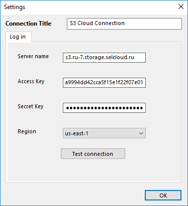 Handy Backup: configuración de conexión S3 para Selectel