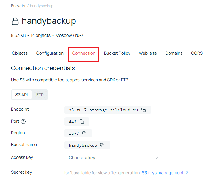 Pestaña Connection del bucket con valor Endpoint