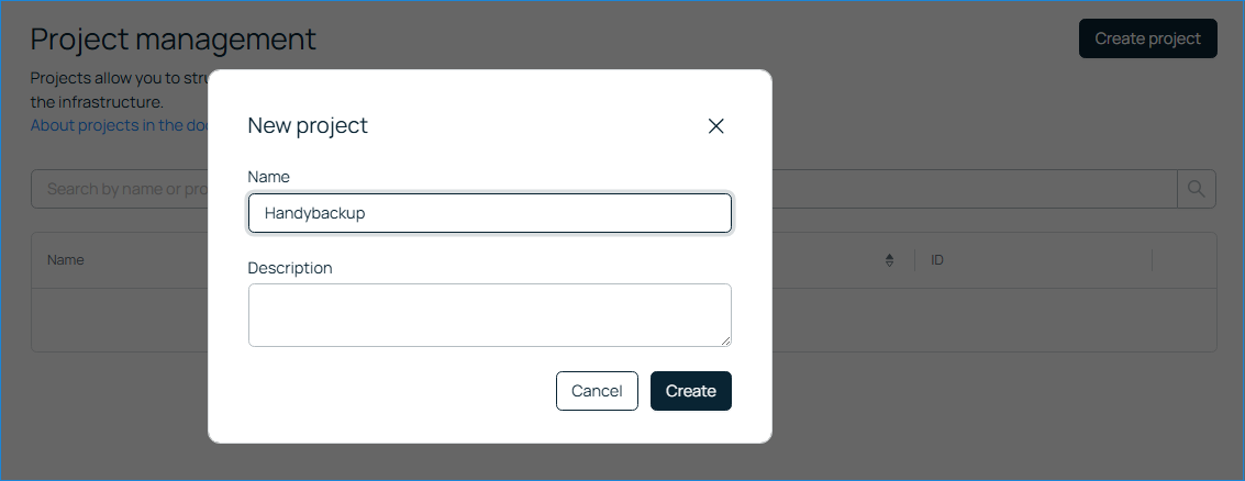 Pantalla para crear un nuevo proyecto en Selectel