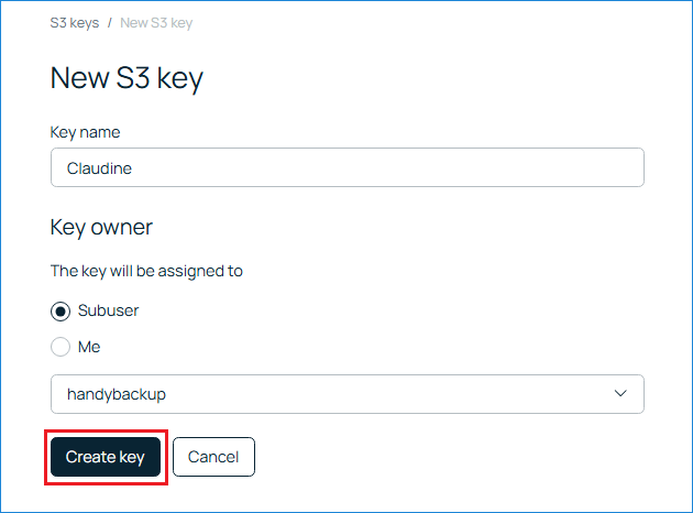 Pantalla con los detalles de la nueva clave S3 creada