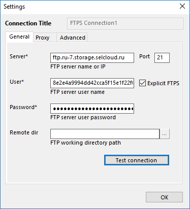 Handy Backup: configuración de conexión FTPS para Selectel