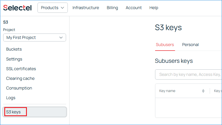Página S3 Keys de Selectel en el menú izquierdo