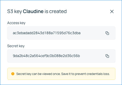 Advertencia de que la secret key se muestra solo una vez