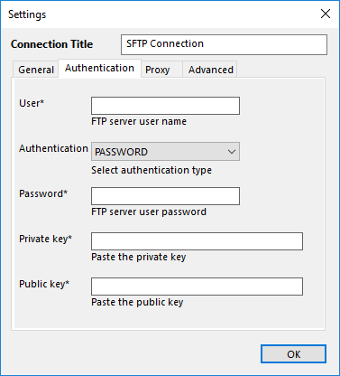 Configuración del complemento SFTP: Authentication