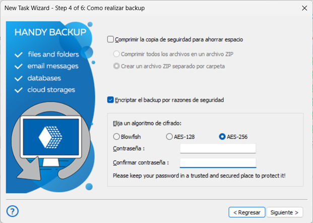 Cifrado de copia de seguridad de correo de Google – Interfaz de Handy Backup