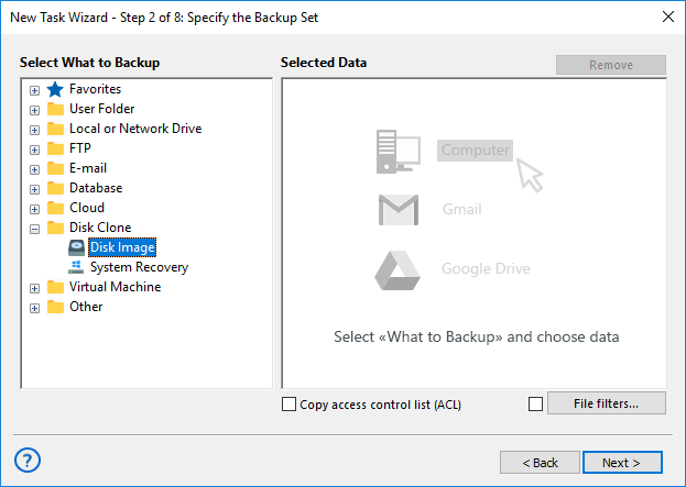 Adición del complemento Disk Image al conjunto de backup