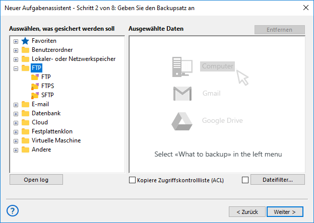 Hinzufügen von Daten des FTP-Plugins zum Backup-Set