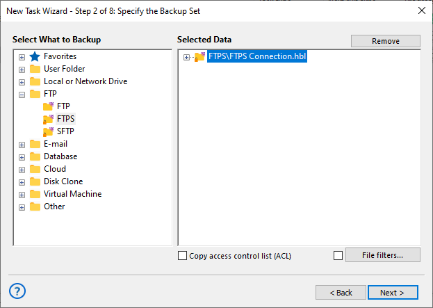 Parametres de sauvegarde de site Web GoDaddy dans Handy Backup