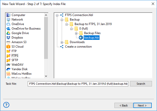 Selección del archivo de índice para restaurar un backup desde FTPS