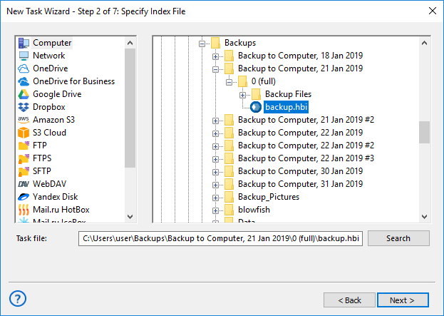 Seleccionar archivo índice para restaurar datos de Windows Libraries